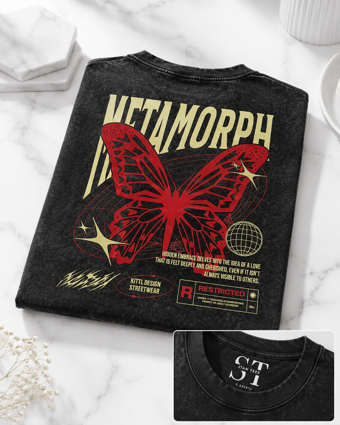 STAN Metamorph Butterfly Vintage-Wash T-Shirt – Black