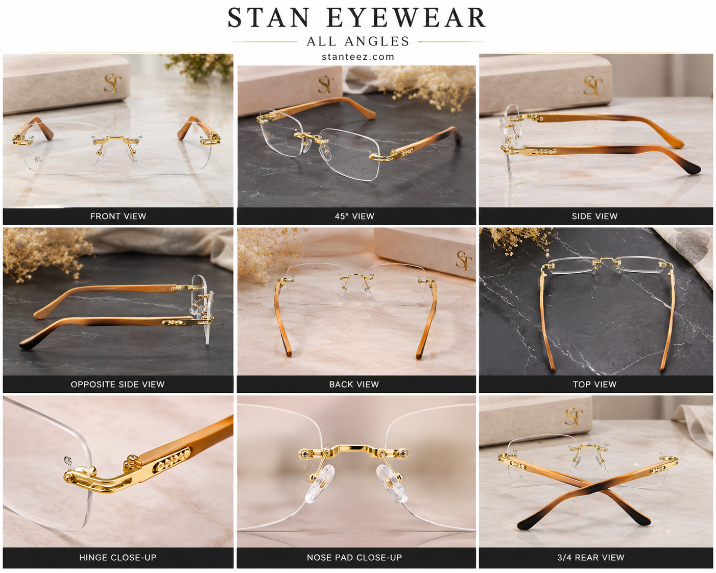 STAN Prestige Rimless Gold Rectangle Eyeglasses – Premium Lightweight Luxury Frame