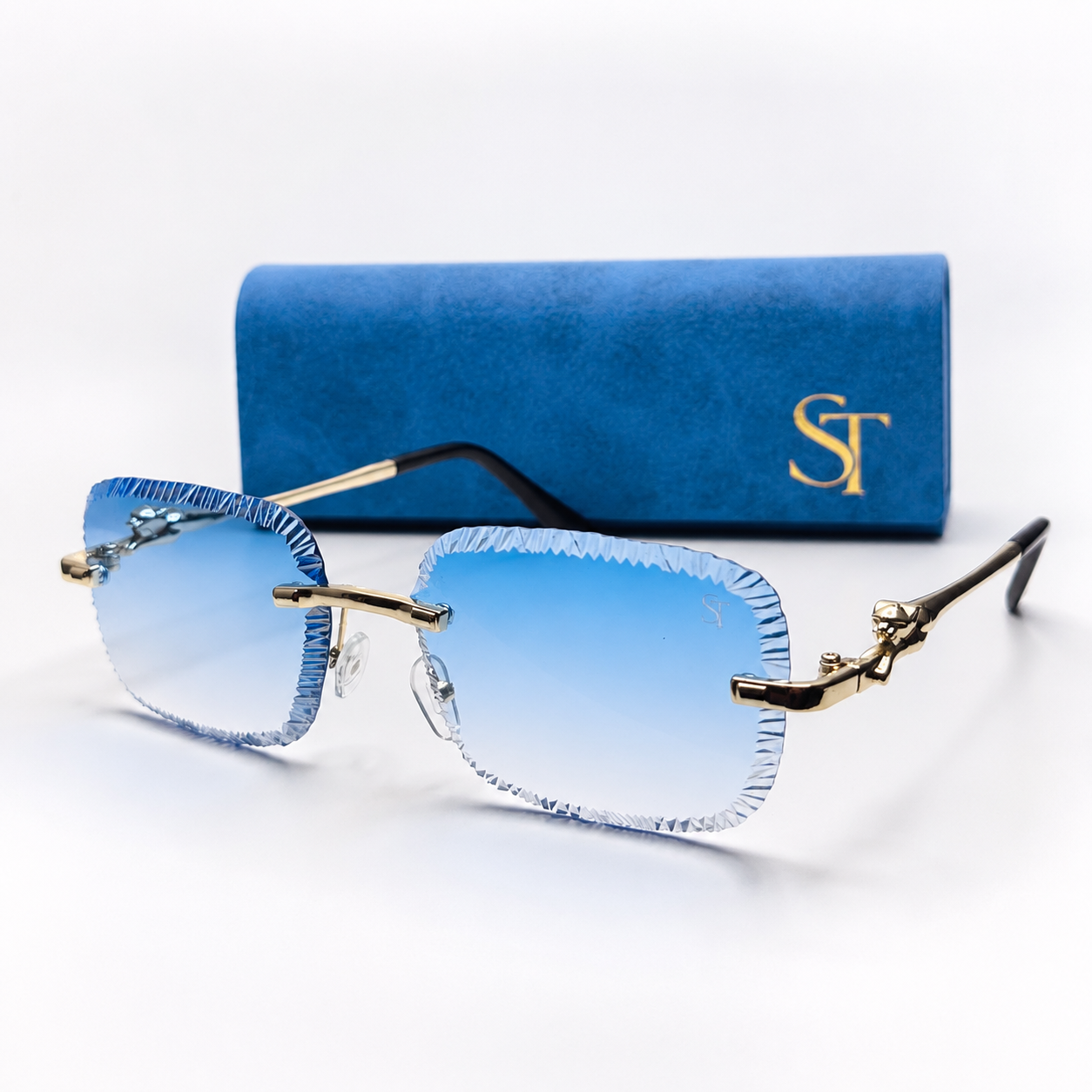 Luxury Rimless Blue Gradient Sunglasses – Gold Frame | Premium Unisex