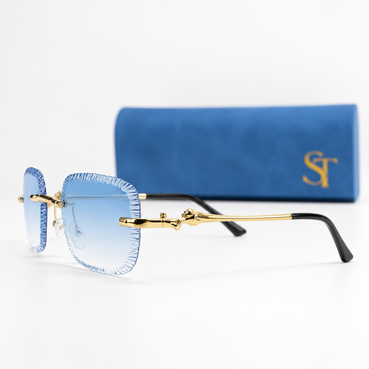 Luxury Rimless Blue Gradient Sunglasses – Gold Frame | Premium Unisex